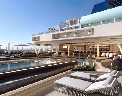Luxurious cruise ship deck featuring a serene pool, stylish lounge seating, and a bar, set against a clear blue sky.