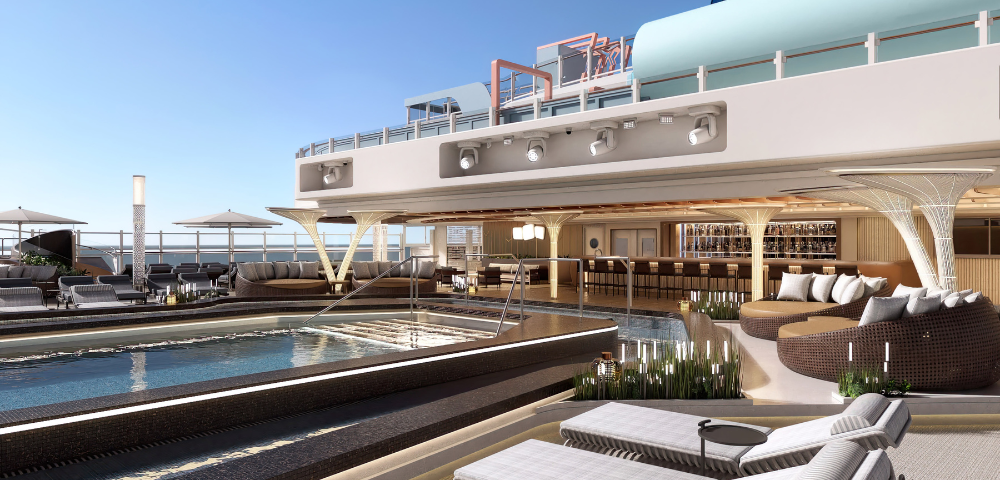 Luxurious cruise ship deck featuring a serene pool, stylish lounge seating, and a bar, set against a clear blue sky.