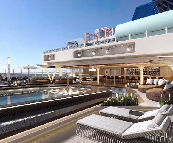 Luxurious cruise ship deck featuring a serene pool, stylish lounge seating, and a bar, set against a clear blue sky.