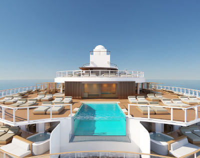 Luxurious cruise ship deck featuring a serene pool, stylish lounge seating, and a bar, set against a clear blue sky.