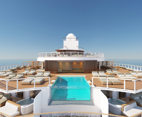 Luxury cruise ship deck featuring a serene pool, cozy lounge chairs, and expansive ocean views under a clear blue sky.