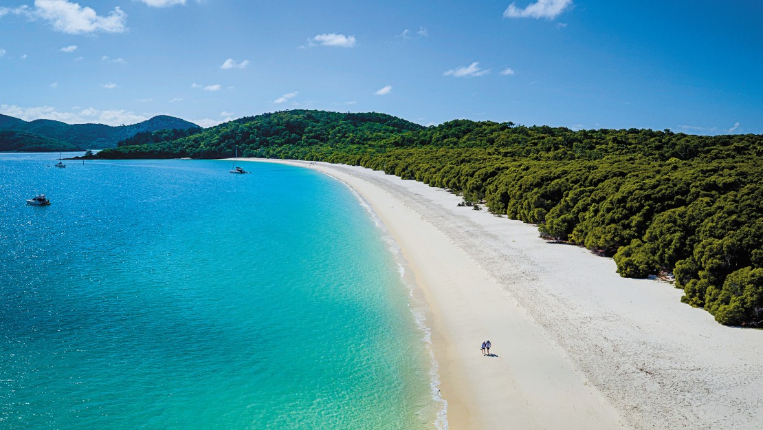 Aerial view of a pristine beach with turquoise water and lush green forest. A couple walks along the shore.