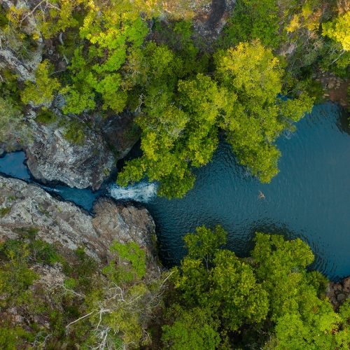 Aerial view of a tranquil blue lagoon surrounded by lush green trees and rocky terrain, with a person swimming in the center.