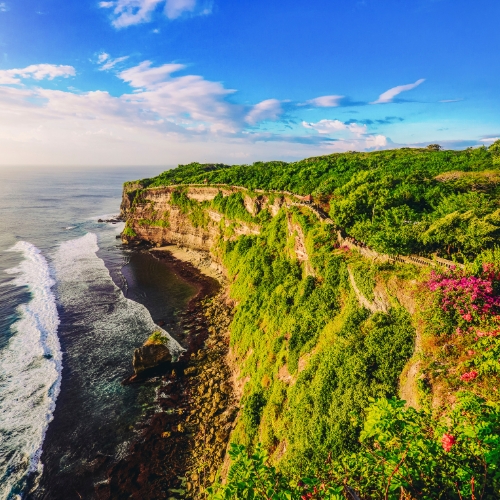 Scenic view of a lush green cliff overlooking the ocean at sunset. Waves crash against the rocks below. A path lined with colorful flowers runs along the edge.