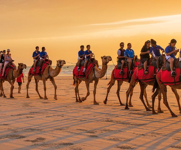 Group riding camels on a beach at sunset with golden sand and warm lighting.