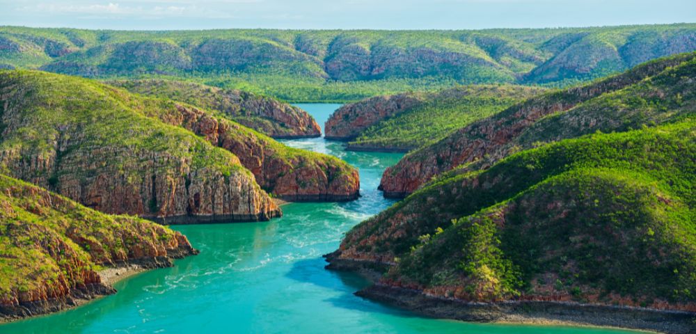 Aerial view of winding rivers flowing through green hills and valleys.