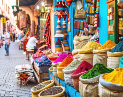 Moroccan Market: A bustling Moroccan market street with vibrant baskets of spices and traditional shops lining the narrow pathway.