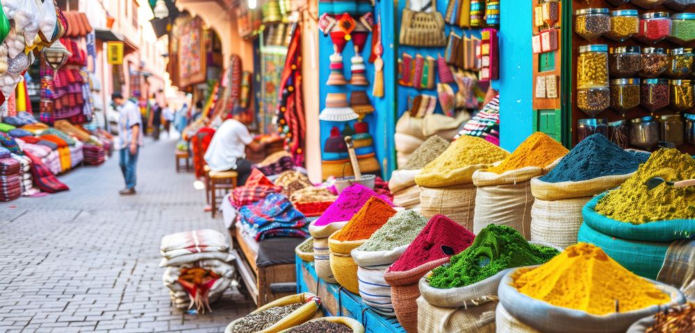 Moroccan Market: A bustling Moroccan market street with vibrant baskets of spices and traditional shops lining the narrow pathway.