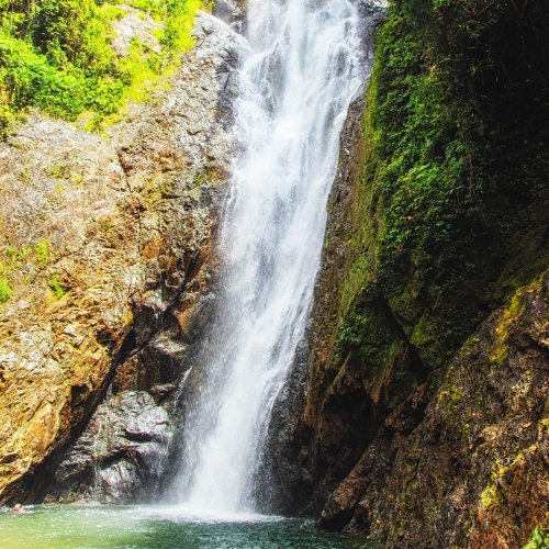 A cascading waterfall flows down rugged rocks into a serene pool, surrounded by lush green foliage, creating a tranquil and refreshing atmosphere.
