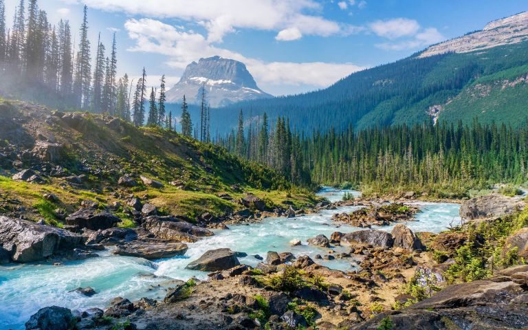 A picturesque landscape featuring a flowing turquoise river, rocky banks, and alpine forest with a mountain in the background under a blue sky.