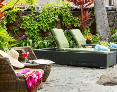 Close-up of tropical plants and flowers in a garden setting.