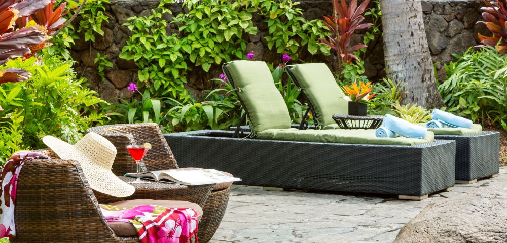 Close-up of tropical plants and flowers in a garden setting.