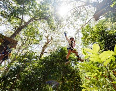 A person wearing safety gear and a harness navigating a high ropes obstacle in a forest treetop adventure course.