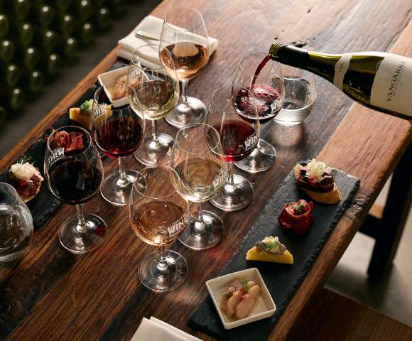 Table set with multiple wine glasses filled with different wines, a bottle being poured, and small plates with food items, depicting a wine tasting experience.
