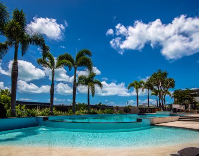 Luxurious swimming pool surrounded by palm trees under a clear blue sky.