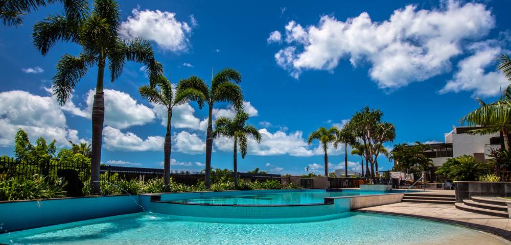 Luxurious swimming pool surrounded by palm trees under a clear blue sky.