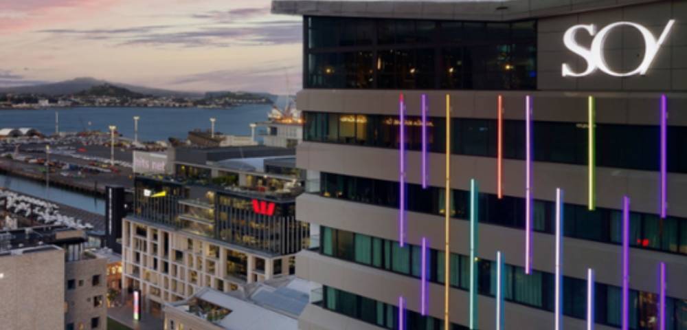 SO/ Auckland Hotel building viewed from a different angle.