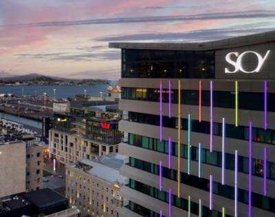 SO/ Auckland Hotel building viewed from a different angle.