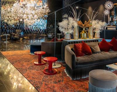 Stylish hotel lounge with contemporary seating and decor.