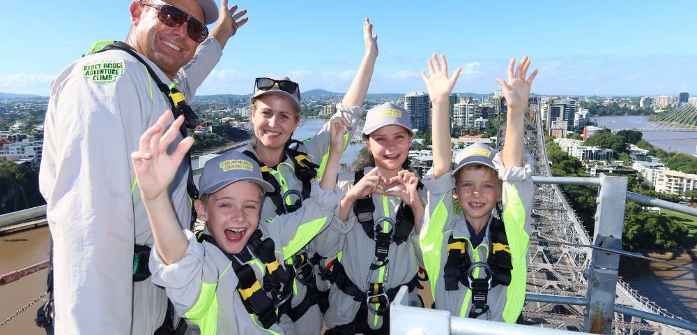 Group photo with everyone raising their hands in excitement overlooking the city.