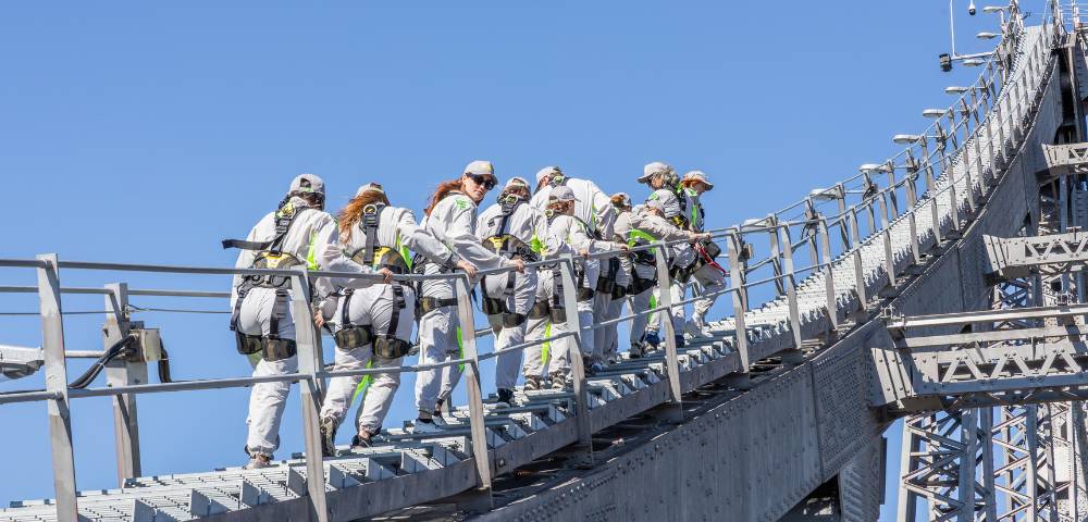 Group of people in safety gear climbing a bridge structure.