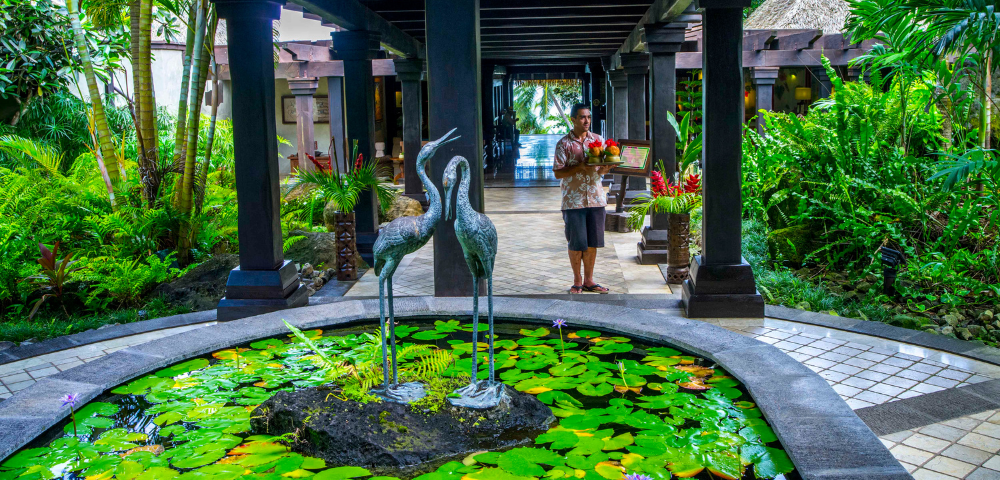 A tranquil resort entrance featuring a stone pond with lotus flowers, and two elegant cranes amidst lush greenery.