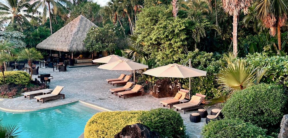 Serene resort scene featuring a pool, lounge chairs, shaded seating, and lush tropical greenery under a thatched roof.