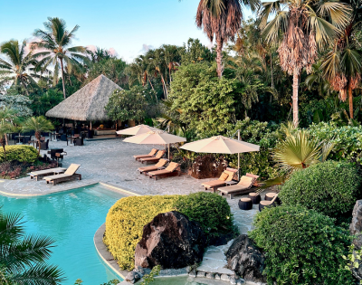 Serene resort scene featuring a pool, lounge chairs, shaded seating, and lush tropical greenery under a thatched roof.