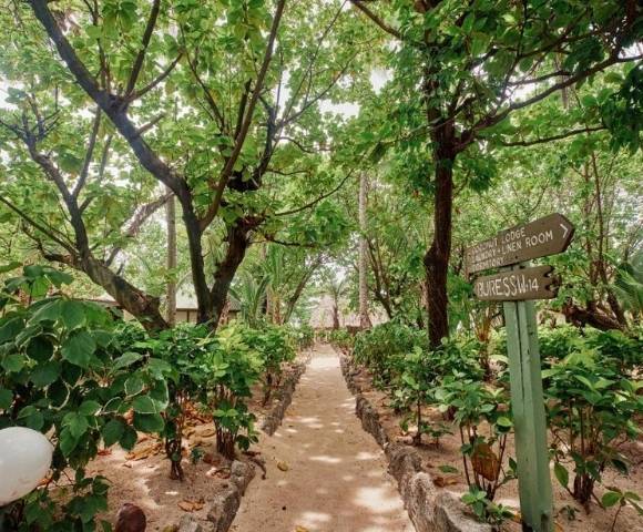 Sandy garden pathway bordered by small stone walls and lush greenery, with wooden signposts pointing to 'RECEPTION ROOM' and 'GUESTS VILLA' in a tranquil resort setting