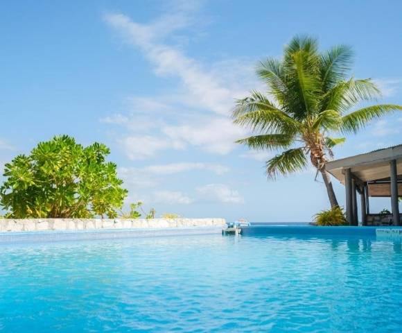 Outdoor swimming pool with clear blue water, surrounded by tropical greenery and a palm tree, with a nearby pavilion structure and a partly cloudy sky in the background