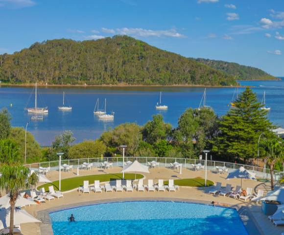 Panoramic view of the beach and ocean from Mantra Ettalong Beach resort