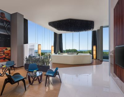 Comfortably furnished hotel living space with seating, a coffee table, decorative accents, and large windows providing natural light