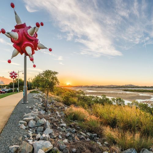 Outdoor sculpture or art installation near the coast.
