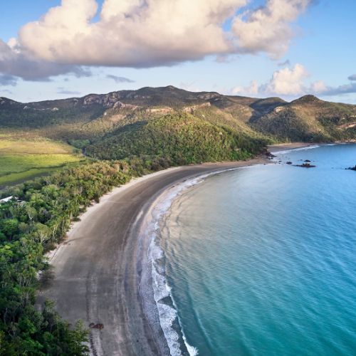 Beautiful beach with clear blue water and lush greenery.