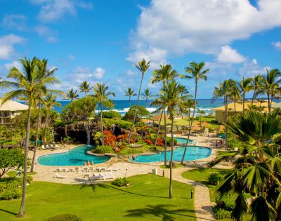 Tropical resort scene with palm trees, blue pools, and ocean view under a bright sky. Lush gardens and sun loungers create a relaxing atmosphere.