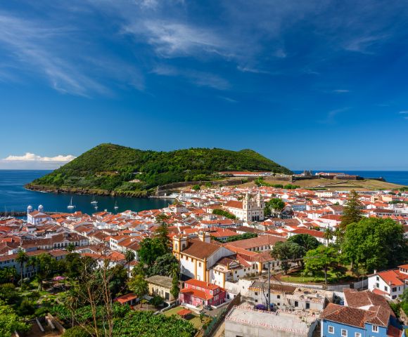 Coastal town with red-roofed buildings nestled by a blue ocean. Lush green island in the background under a clear blue sky.