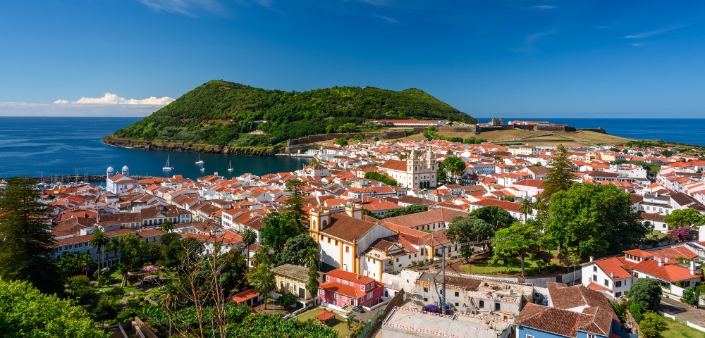 Coastal town with red-roofed buildings nestled by a blue ocean. Lush green island in the background under a clear blue sky.