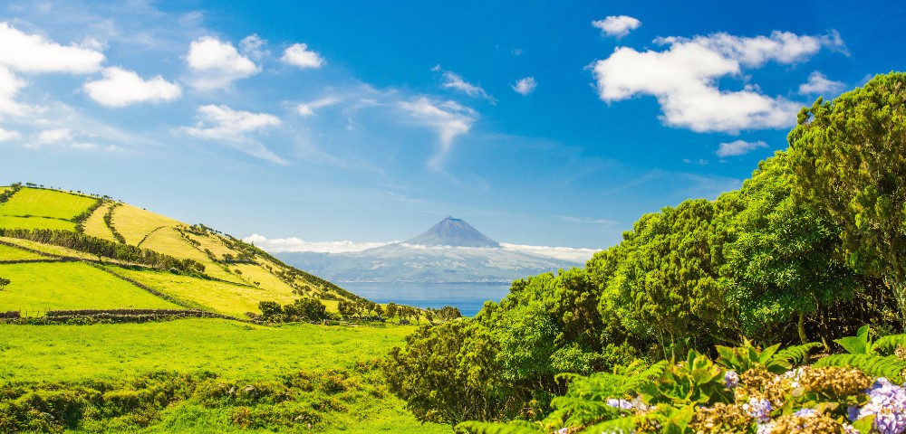 Lush green fields and dense trees frame a distant volcano under a bright blue sky with scattered clouds, evoking a serene and vibrant scene.