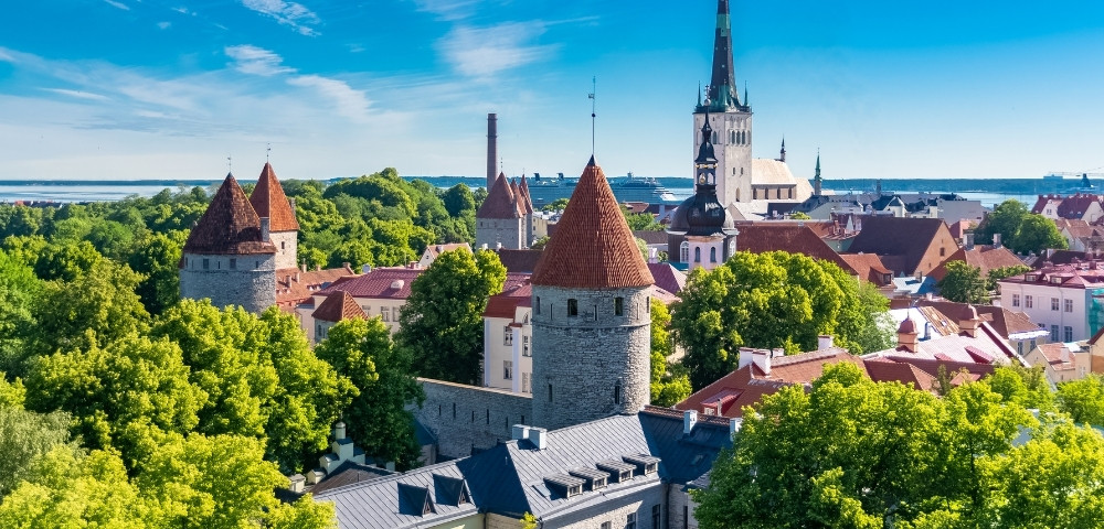Aerial view of a medieval city with stone towers topped with red roofs, surrounded by lush green trees. A tall church spire rises against a clear blue sky.