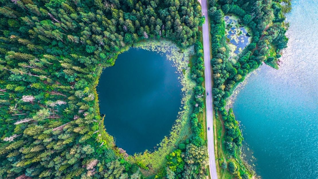Aerial view of two adjacent lakes surrounded by dense green forest. A road runs vertically between them, with a few cars visible.