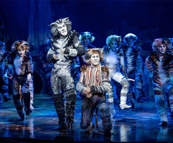 Group of performers in the Cats musical dressed in detailed cat costumes with fur textures and face paint, standing and dancing on a vibrant stage. The set includes scattered props and a backdrop with glowing blue tones, creating a mystical atmosphere.