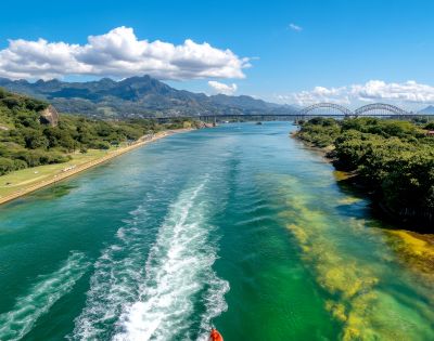 A boat glides along a vibrant green river under a clear blue sky with fluffy clouds, flanked by lush greenery and distant mountains. Serene and scenic.