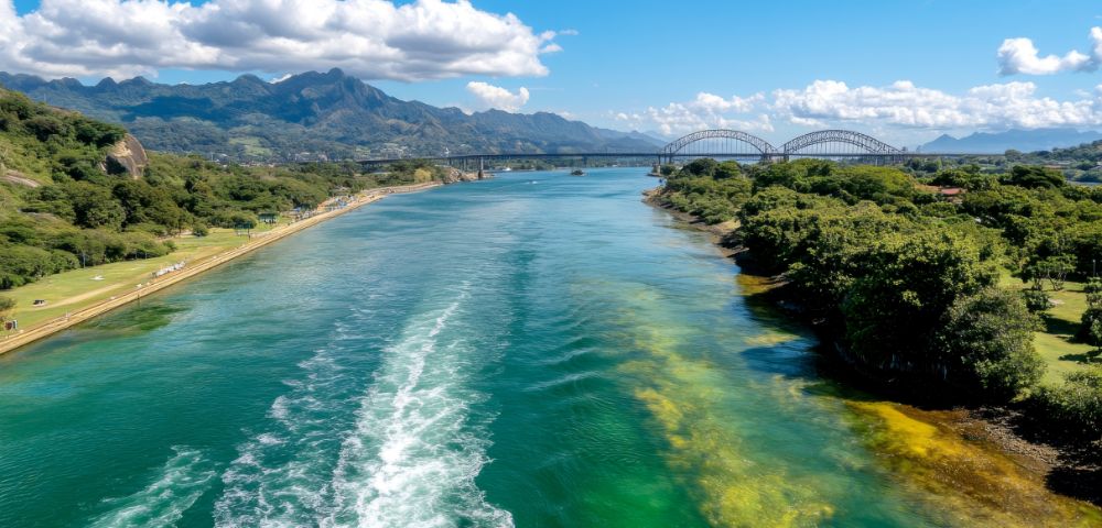 A boat glides along a vibrant green river under a clear blue sky with fluffy clouds, flanked by lush greenery and distant mountains. Serene and scenic.