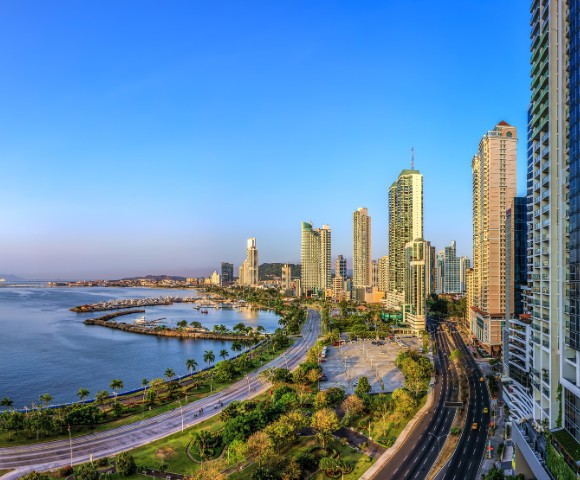 Skyline of a coastal city under a clear blue sky, with tall modern skyscrapers, a bustling road, and a serene waterfront lined with palm trees.