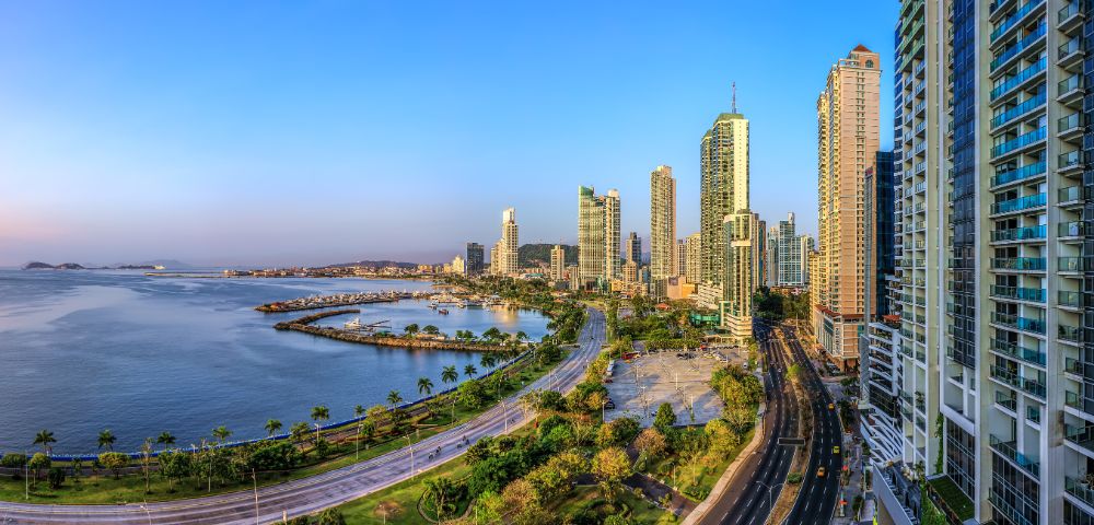 Skyline of a coastal city under a clear blue sky, with tall modern skyscrapers, a bustling road, and a serene waterfront lined with palm trees.