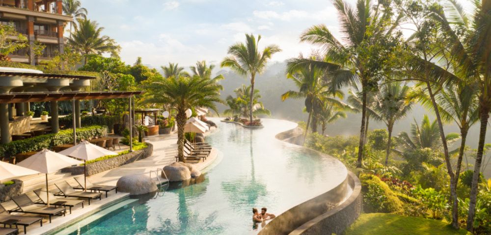 Luxurious resort with an infinity pool surrounded by palm trees and greenery. A couple relaxes in the pool, exuding a calm, serene atmosphere.