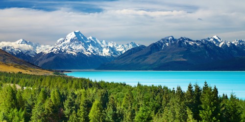 Snow-capped mountains under a blue sky, with turquoise lake in the foreground and dense green forest along the shore, conveying serenity and grandeur.