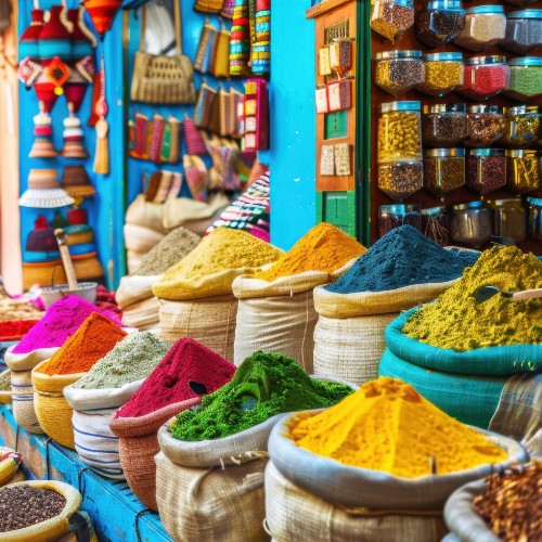 Vibrant market scene with sacks of colorful spices, including red, yellow, and green, against a backdrop of jars and woven goods.