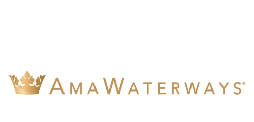 Logo of AmaWaterways featuring a gold crown emblem to the left, followed by the brand name in elegant gold lettering.