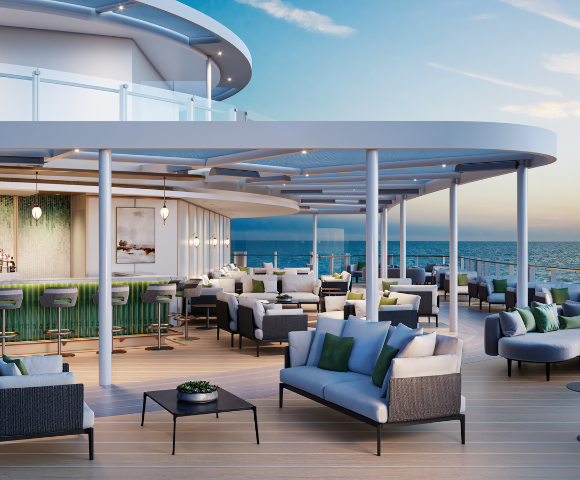Modern outdoor lounge on a cruise ship with cozy sofas and a stylish bar. The scene overlooks a calm ocean during sunset, evoking relaxation.